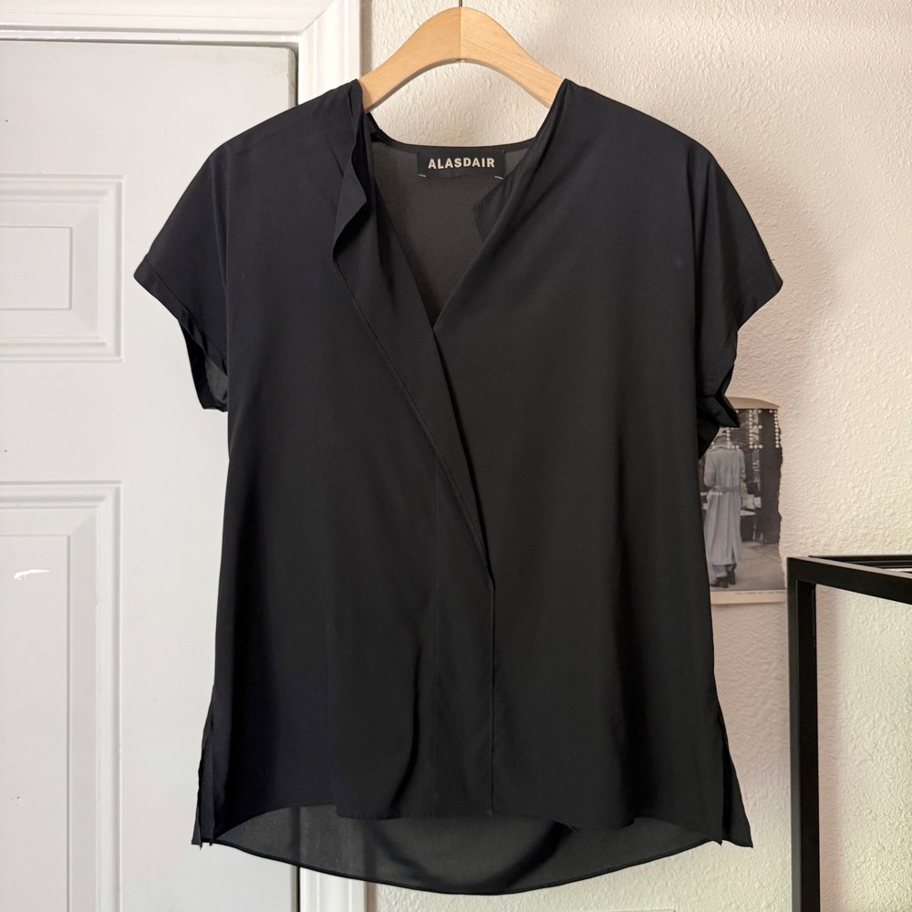 ALASDAIR black silk ruffle short sleeve cropped blouse shirt‎ top